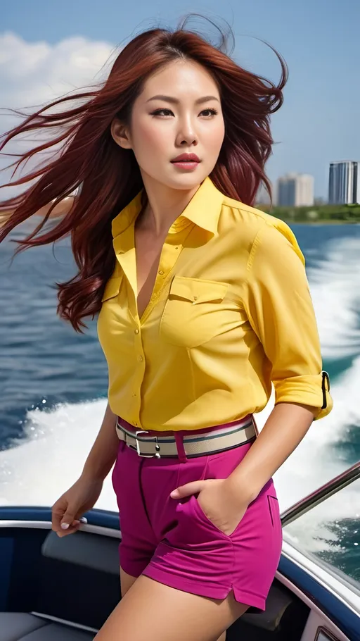 Prompt: Beautiful Japanese woman with round face, prominent cheekbones and dimples, vibrant gray eyes, long windblown auburn-magenta tinted hair, standing in the back of a speedboat, yellow blouse, khaki city shorts, white belt & sneakers, daylight, high-res, pro photo, fluid dynamic motion, sharp focus, detailed eyes, natural lighting, vibrant colors, outdoor setting, realistic, professional photography