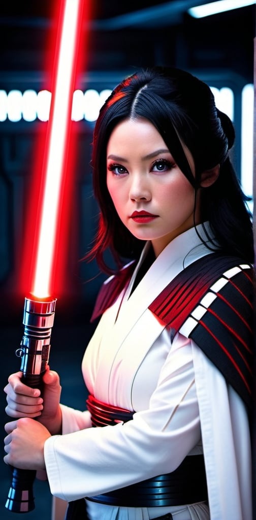 Prompt: Beautiful Japanese actress, long raven black hair, vivid gray eyes, all white Sith Lord costume, holding glowing red lightsaber, Star Wars hangar bay set, detailed, dynamic pose, cinematic lighting, high-res photography, realistic, intricate details, intense gaze, sci-fi, vibrant colors, dramatic, professional lighting, all white costume