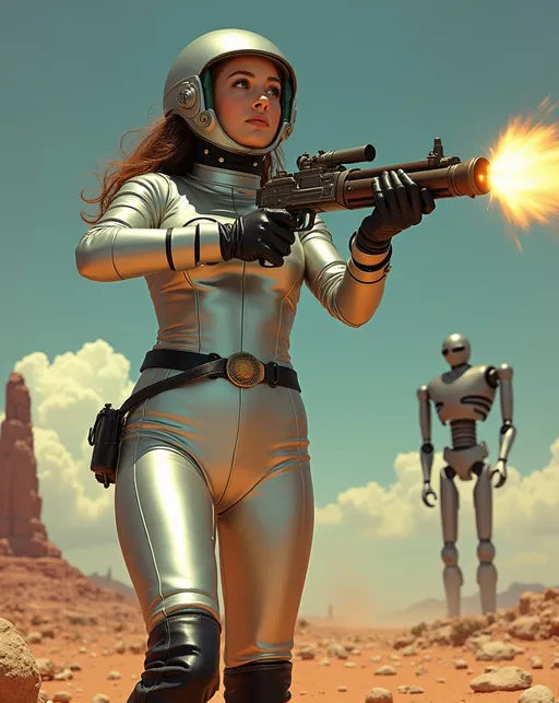 Prompt: (Beautiful retro futuristic sci-fi astronaut woman), wearing a (metallic silver space suit) with black leather belt and boots and a (silver helmet with open visor), holding a Buck Rogers style ray-gun, features a (gorgeous golden-ratio face), striking (green eyes), (chestnut hair), standing on a colorful alien planet, shooting her ray-gun at a massive alien robot creature, (well lit) with (high detail) portrayal, emphasizing an (8K resolution) and a (cinematic atmosphere) for an extraordinary visual experience.