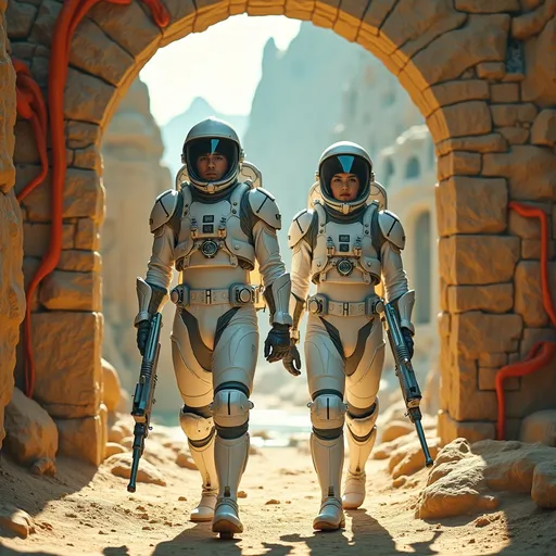 Prompt: Two ruggedly handsome Astro-Marines, dynamic poses, full white and metallic gray spacesuits, life support backpacks, and helmets with clear visors, walking through a stone archway of a futuristic alien city covered in orange blue & red alien vines, gripping sleek white and metallic silver battle rifles, cinematic photo, dusty yellow-green alien landscape in the background, capturing the unique mix of organic and geometric shapes in the alien cityscape, high depth, dramatic lighting, 8k ultra-detailed, high quality.