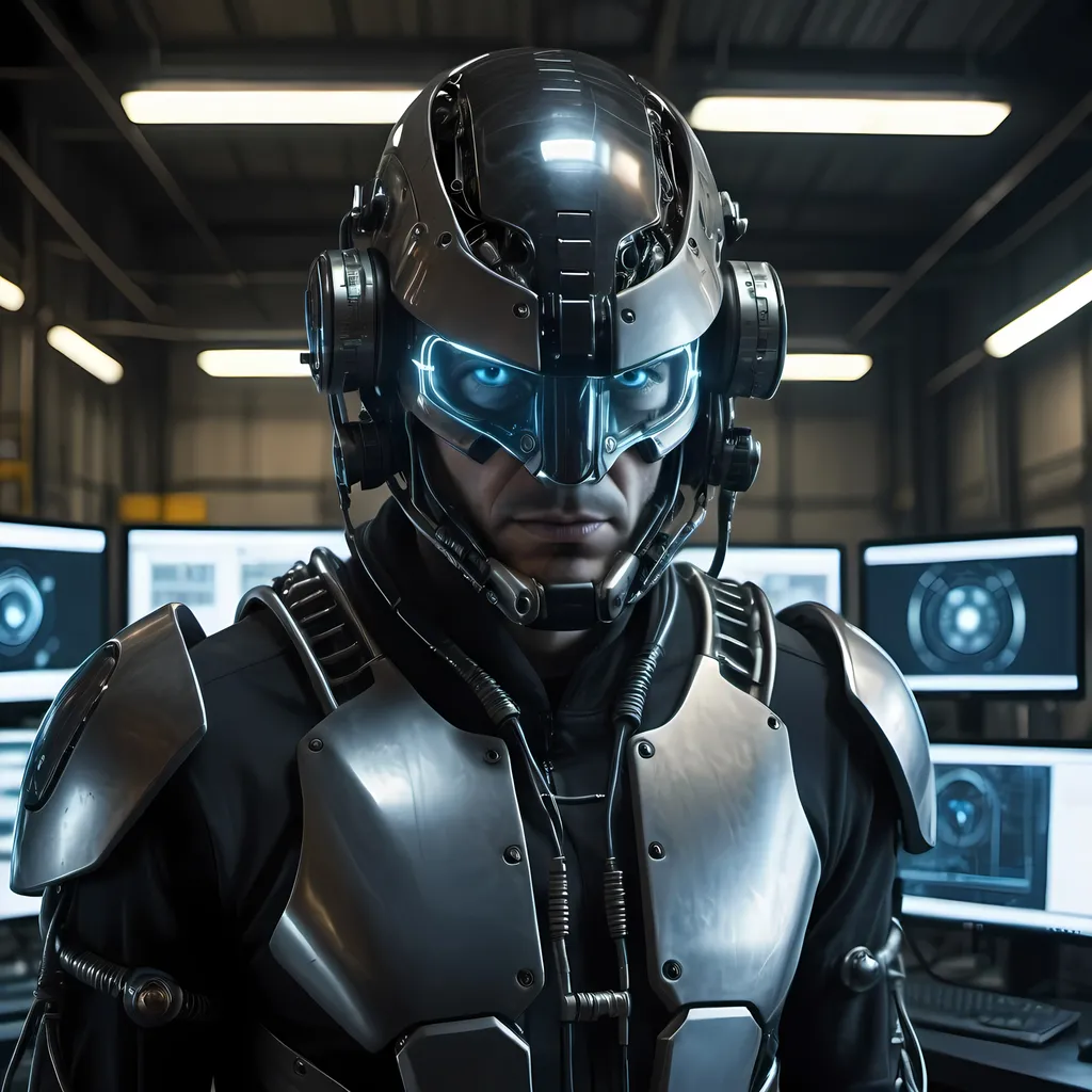 Prompt: medium wide shot of a man with a cybernetic helmet, futuristic warehouse studio, cables and computer screens, hyperrealistic, high definition, cyberpunk, detailed cables, professional lighting, intense gaze, industrial, futuristic, hi-tech, urban setting, detailed textures, realistic reflections, atmospheric lighting, best quality