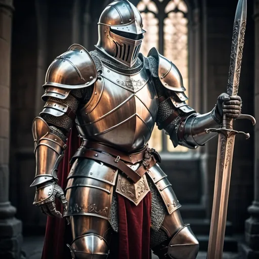 Prompt: Iron knight in standard knight armor, wielding sword with both hands, metallic sheen, detailed engravings, high quality, fantasy, medieval, dramatic lighting, cool metallic tones, powerful stance, heroic, epic fantasy, intense gaze