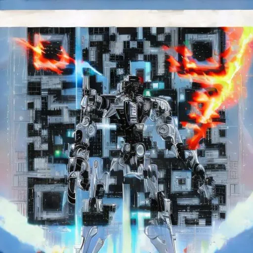 Prompt: masterpiece, best quality, mecha, no humans, black armor, blue eyes, science fiction, fire, laser canon beam, war, conflict, destroyed city background