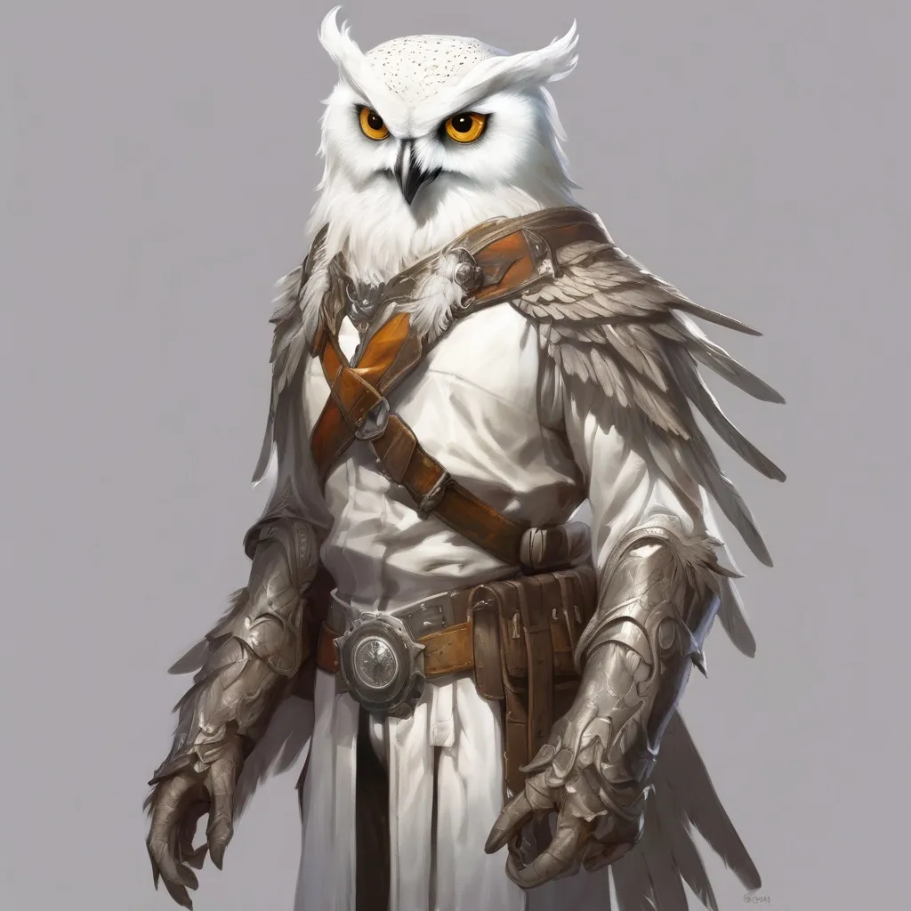 Prompt: White Owl, Humanoid, with wings, winged, alchemist, artificer, rogue, d&d, concept, painting, realistic, painted, aarakocra