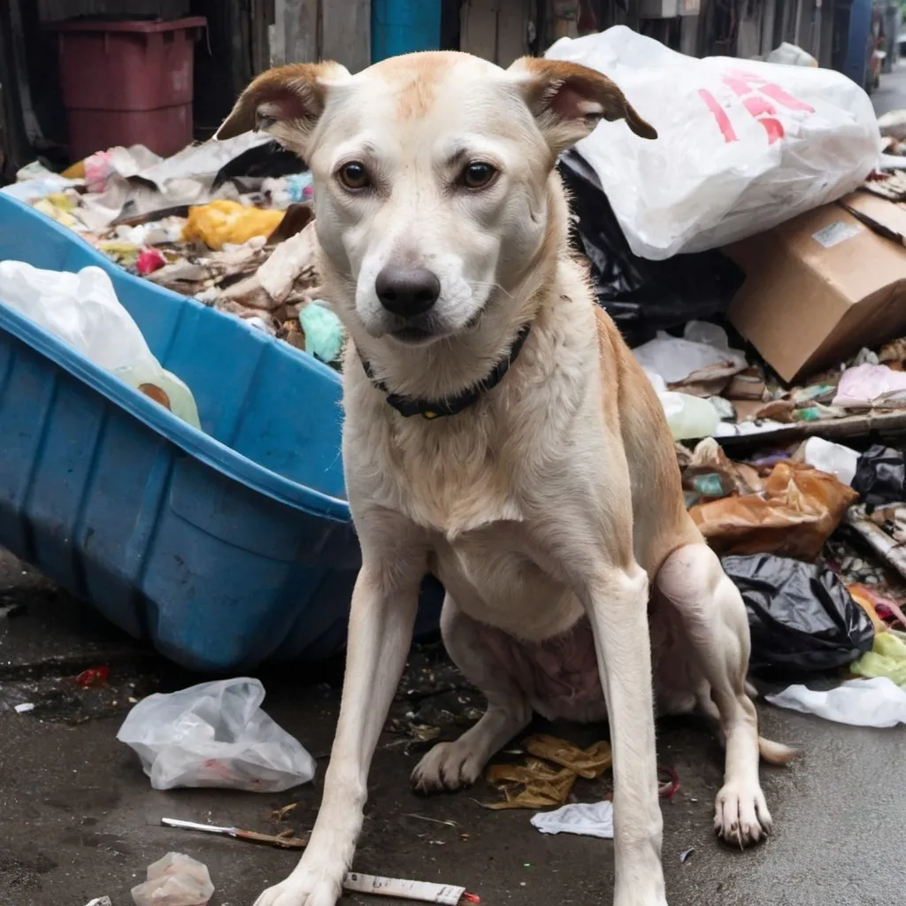 Prompt: A thin and old dog rummaged through the garbage during a typhoon