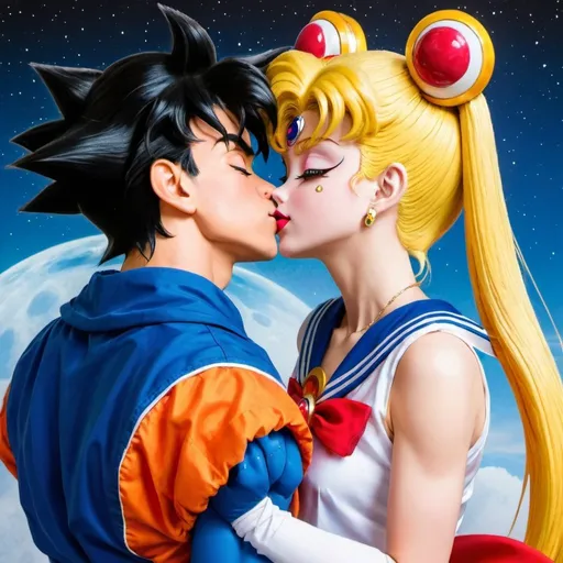 Prompt: Goku kissing Sailor Moon,