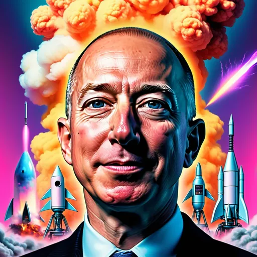 Prompt: (accurately spelled text "RayMaynard"), Jeff Bezos rocket (vibrantly multi-colored), nuclear explosion (dramatic background), vaporwave aesthetic, deviously smiling expression, (Steve Jobs) glaring at Bezos in anger, (Elon Musk) joyful demeanor, (Mark Zuckerberg) depicted as a robot, surreal ambiance, retro-futuristic elements, psychedelic colors, emotional tension, high detail, 4K quality, eclectic composition.