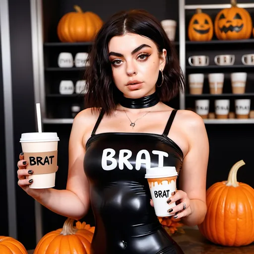 Prompt: Charli XCX in black” wet look” tights and a white tube top holding a pumpkin spice latte with the word brat written across the cup