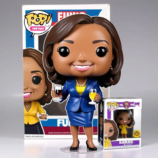 Prompt: (Funko pop parody) 
Kamala Harris Funko Pop with an exaggerated shit eating grin on her face, to include the box she came in.  Character comes with accessories: a bottle of wine, and a wine glass.