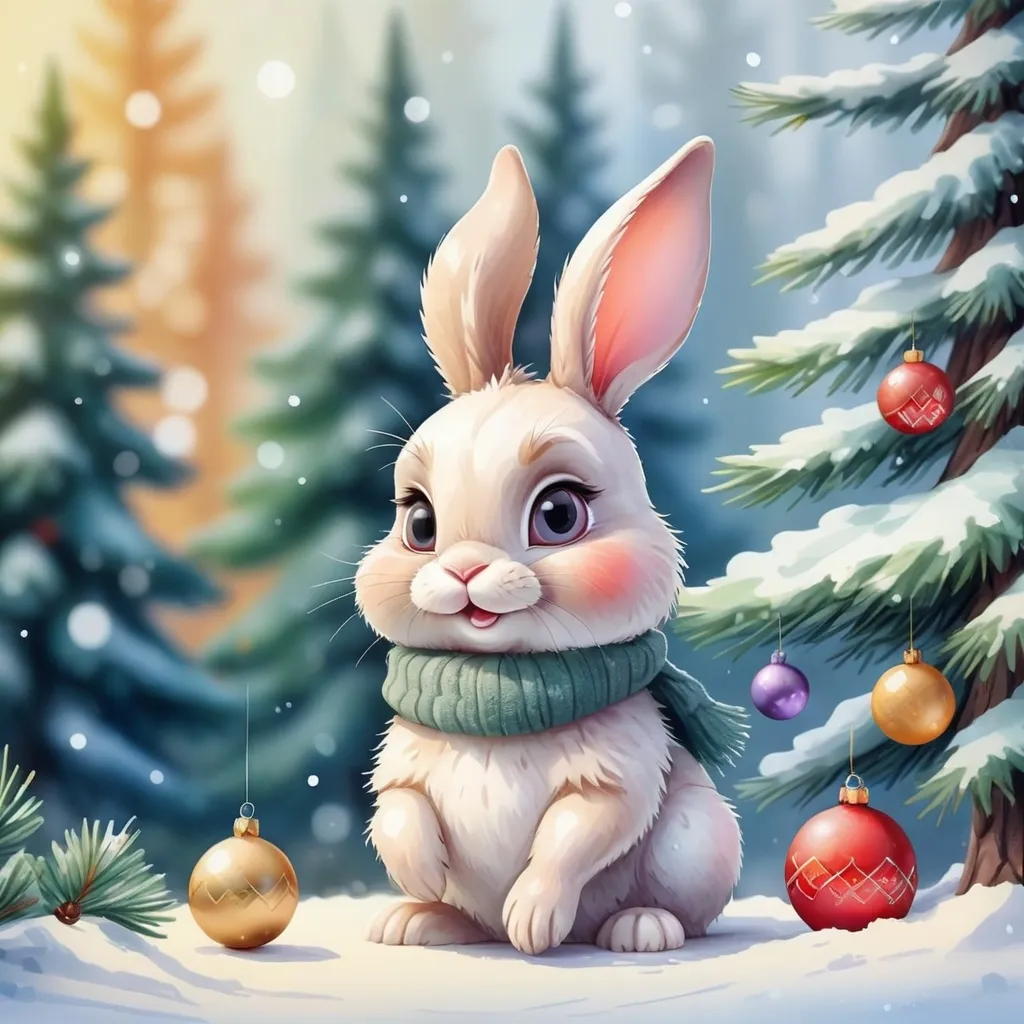 Prompt: a New Year's card in the style of watercolor drawing and the style of pixart heroes, a small, cute bunny on the background of a beautiful, large fir tree that grows on the edge, decorated with beautiful Christmas tree balls