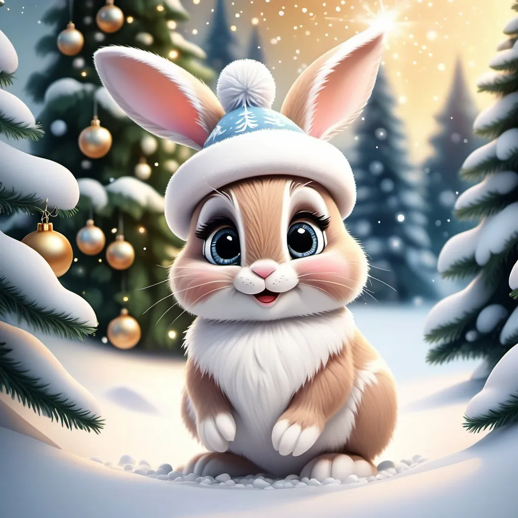 Prompt: a Disney-style New Year's card with a cute bunny, on the background of a Christmas tree that grows in a snowy clearing, decorated with a garland and white Christmas balls, in a New Year's hat, big beautiful eyes