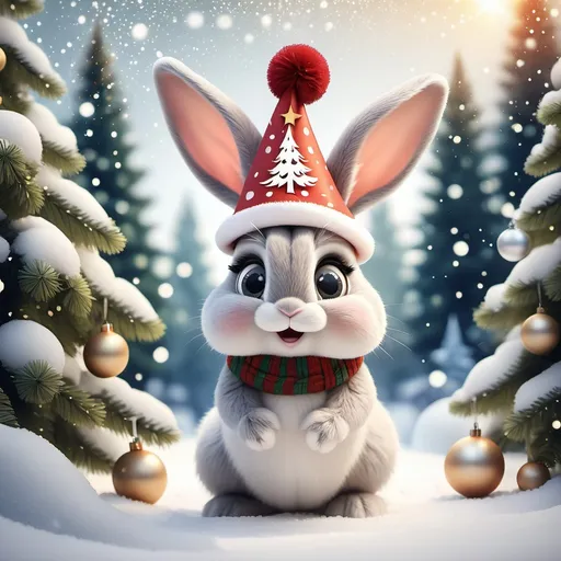 Prompt: a Disney-style New Year's card with a cute bunny, on the background of a Christmas tree that grows in a snowy clearing, decorated with a garland and white Christmas balls, in a New Year's hat, big beautiful eyes