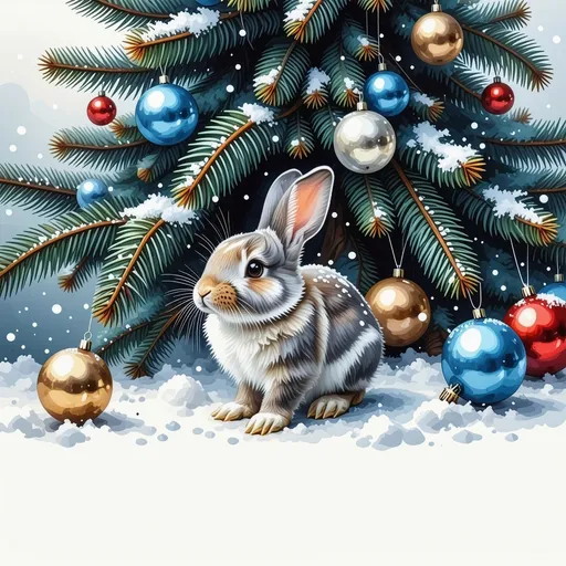 Prompt: a New Year's card in the style of a watercolor drawing of the 80s, a small bunny on the background of a beautiful, large fir tree that grows on the edge, decorated with beautiful Christmas tree balls