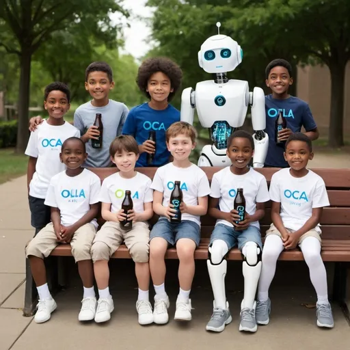 Prompt: Jaise May Boys on a bench, but with five individuals. One is  a white robot. Second is an African-American boy. Third is a robot. Fourth is an Asian girl. Fifth is a Caucasian boy, Sixth is a robot. They all hold a bottle of Oca-Ola. 