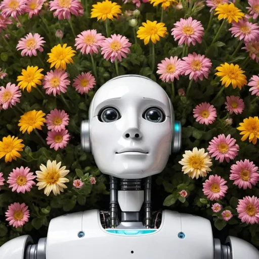 Prompt: Robot lying on the back, with face looking up and sniffing flowers 
