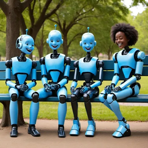 Prompt: Jaise May Boys on a bench, but with two of the four individuals being robots. The four individuals include (in the following order): Caucasian girl, white man-robot, African-American man, black lady-robot. All drink blue liquid called Oca Ola.  Caucasian girl is laughing and black lady-robot is laughing too.