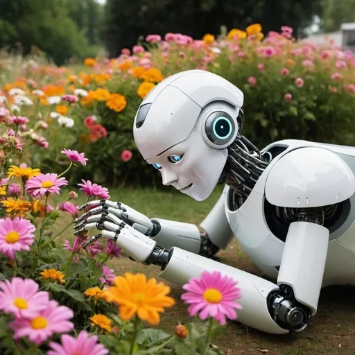 Prompt: Robot lying on the back sniffing flowers 