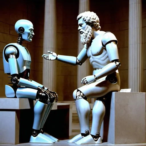 Prompt: Robot talks to Socrates. 