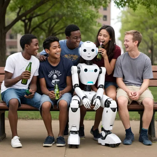 Prompt: Jaise May Boys on a bench, but with three college students and two robots. One is  a white robot. Second is an African-American man. Third is a robot. Fourth is a Caucasian girl. Fifth is Asian.  All are laughing and holding a bottle of "Oca-Ola". 