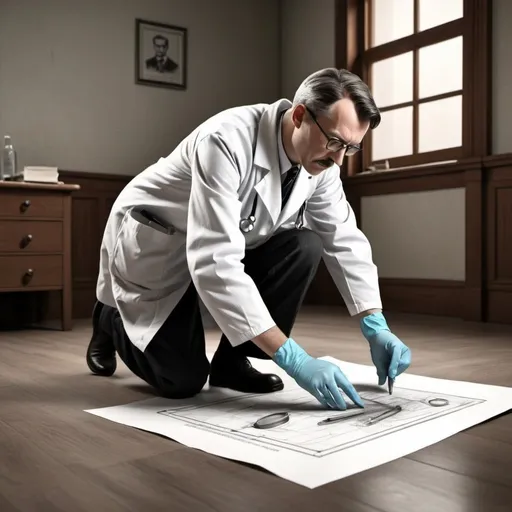 Prompt: 1945 forensic doctor inspect the floor realistic drawing style side perspective