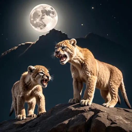 Prompt: prehistoric two sabertooth cubs on a cliff or montain looking up at the moon