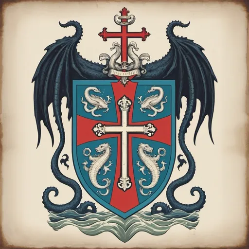 Prompt: coat of arms featuring a cross and sea monster