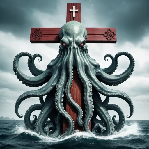 Prompt: a kraken holding a cross