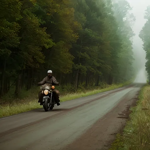 Prompt: Classic motorcycle drives down lonely country road, green and brown forest, misty