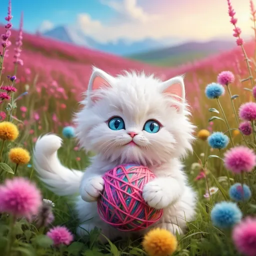 Prompt: White fluffy fur kitty with blue eyes cartoon dressed in pink playing with multi colorful yarn ball in field of wild flowers