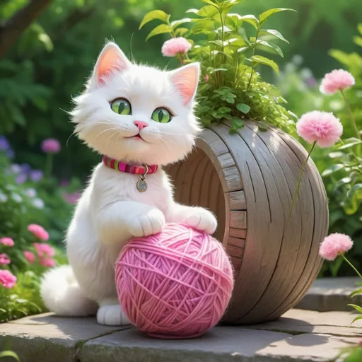 Prompt: Pixar style White fluffy kitty, (soft), green eyes, cartoon, (pink collar), playing with multi-color yarn ball, garden, cheerful atmosphere, bright natural lighting, lush greenery, colorful blossoms, whimsical setting