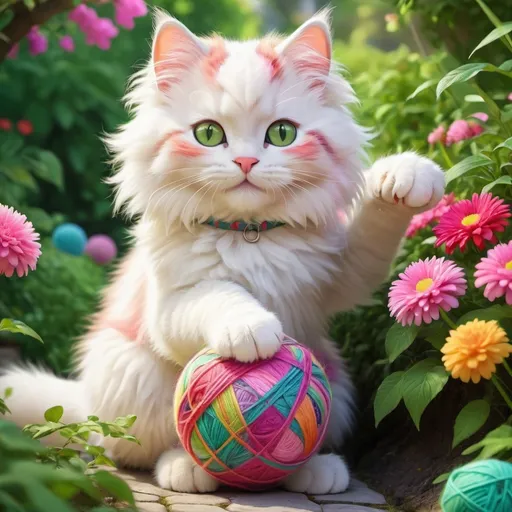 Prompt: Pixar style White fluffy kitty, (soft), green eyes, cartoon, (pink collar), playing with multi-color yarn ball, garden, variety of multi-colored flowers, vibrant colors, cheerful atmosphere, bright natural lighting, detailed background, lush greenery, colorful blossoms, whimsical setting, ultra-detailed, HD quality.