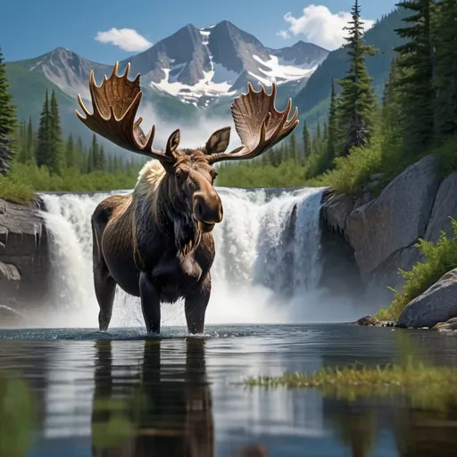 Prompt: Bull moose watches cow with baby drinking from crystal clear basin of tall waterfall, surrounded by majestic mountains, bald eagle soaring above, vibrant and dramatic colors, mesmerizing and serene atmosphere, lush greenery, detailed background with cascading water and mist, stunning reflections, high-definition, ultra-detailed, cinematic masterpiece, crisp and clear lighting