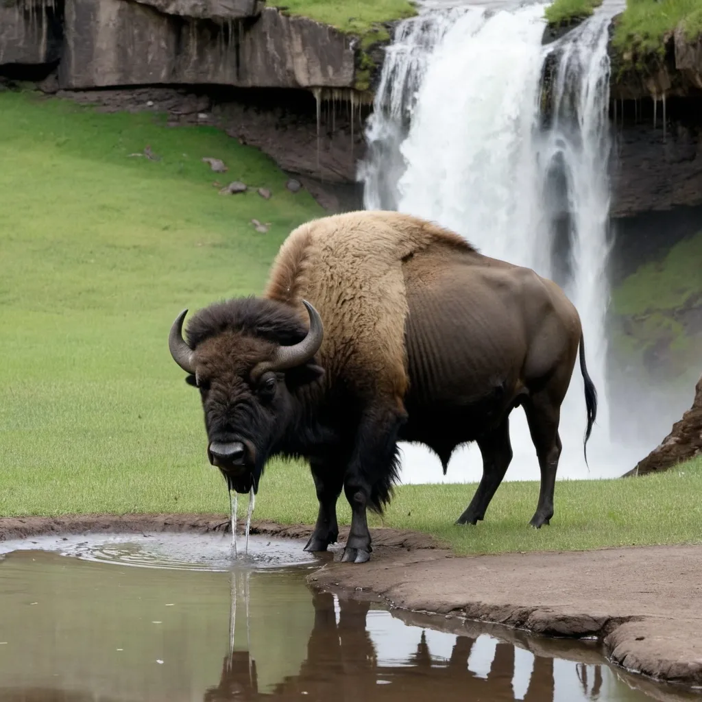 Prompt: A buffalo drinking from a pond at the base of a waterfall