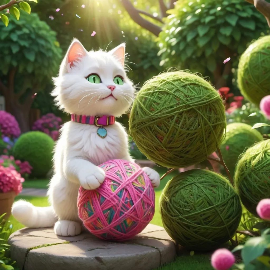 Prompt: Pixar style cartoon White fluffy kitty, (soft), green eyes, (collar pink) playing with multi-color yarn ball, garden, cheerful atmosphere, bright natural lighting, lush greenery, colorful blossoms, whimsical setting