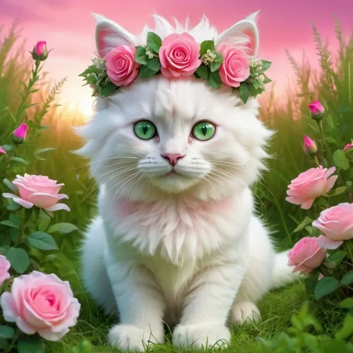 Prompt: Cartoon of fluffy white kitty, big green eyes, (pink,coral,hot pink rose floral crown wreath) sitting in lush grass and light pink renuncula flowers