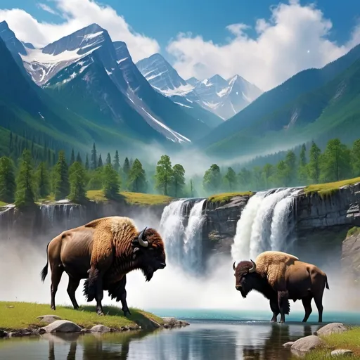 Prompt: 2 Buffalo watching (baby buffalo) drinking from crystal clear basin of tall waterfall, surrounded by majestic mountains, bald eagle soaring above, vibrant and dramatic colors, mesmerizing and serene atmosphere, lush greenery, detailed background with cascading water and mist, stunning reflections, high-definition, ultra-detailed, cinematic masterpiece, crisp and clear lighting