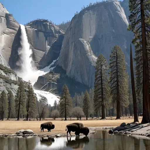 Prompt: Two buffalo and calf drinking from pond at bottom of Yosemite tall scenic waterfall with a bald eagle soaring above