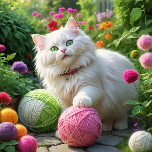 Prompt: White fluffy kitty (soft) with green eyes cartoon (pink collar)playing with multi color yarn ball in garden of variety of multi-colored flowers