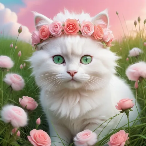 Prompt: Cartoon of fluffy white kitty, big green eyes, (pink,coral,hot pink rose floral crown wreath) sitting in cotton candy grass and light pink renuncula flowers