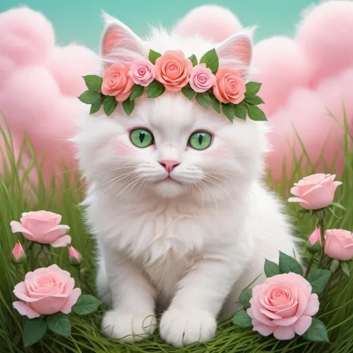 Prompt: Cartoon of fluffy white kitty, big green eyes, (pink,coral,hot pink rose floral crown wreath) sitting in cotton candy grass and light pink renuncula flowers