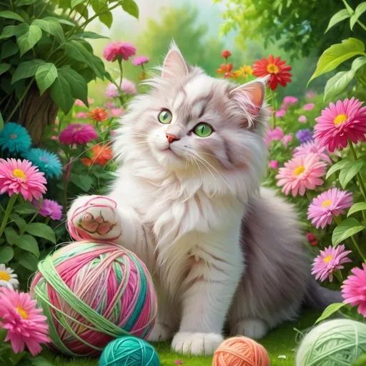 Prompt: White fluffy kitty, (soft), green eyes, cartoon, (pink collar), playing with multi-color yarn ball, garden, variety of multi-colored flowers, vibrant colors, cheerful atmosphere, bright natural lighting, detailed background, lush greenery, colorful blossoms, whimsical setting, ultra-detailed, HD quality.