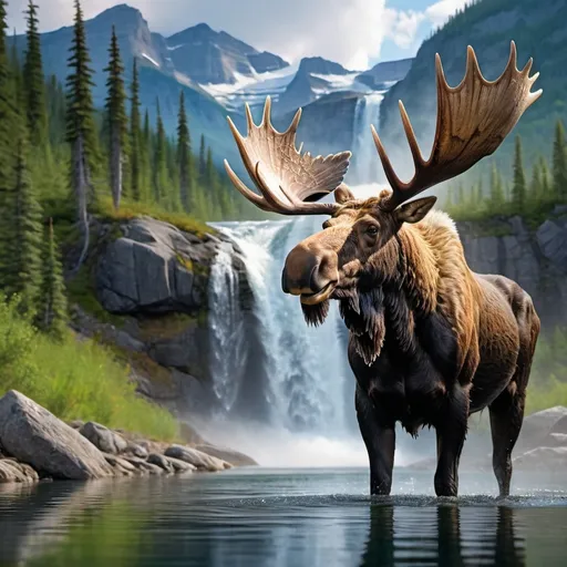 Prompt: Bull moose watches cow, calf, drinking from crystal clear basin of tall waterfall, surrounded by majestic mountains, bald eagle soaring above, vibrant and dramatic colors, mesmerizing and serene atmosphere, lush greenery, detailed background with cascading water and mist, stunning reflections, high-definition, ultra-detailed, cinematic masterpiece, crisp and clear lighting