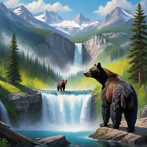 Prompt: Black bear watches cub drinking from crystal clear basin of tall waterfall, surrounded by majestic mountains, bald eagle soaring above, vibrant and dramatic colors, mesmerizing and serene atmosphere, lush greenery, detailed background with cascading water and mist, stunning reflections, high-definition, ultra-detailed, cinematic masterpiece, crisp and clear lighting