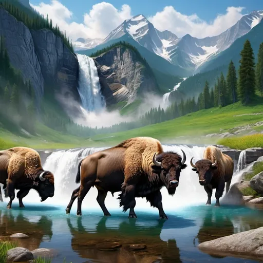 Prompt: 2 Buffalo watching (baby buffalo) drinking from crystal clear basin of tall waterfall, surrounded by majestic mountains, bald eagle soaring above, vibrant and dramatic colors, mesmerizing and serene atmosphere, lush greenery, detailed background with cascading water and mist, stunning reflections, high-definition, ultra-detailed, cinematic masterpiece, crisp and clear lighting