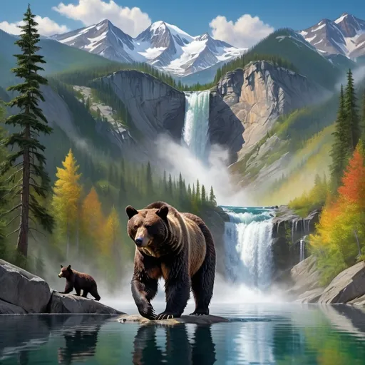 Prompt: Black bear watches cub drinking from crystal clear basin of tall waterfall, surrounded by majestic mountains, bald eagle soaring above, vibrant and dramatic colors, mesmerizing and serene atmosphere, lush greenery, detailed background with cascading water and mist, stunning reflections, high-definition, ultra-detailed, cinematic masterpiece, crisp and clear lighting