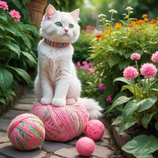 Prompt: White fluffy kitty (soft) with green eyes cartoon (pink collar)playing with multi color yarn ball in garden of variety of multi-colored flowers