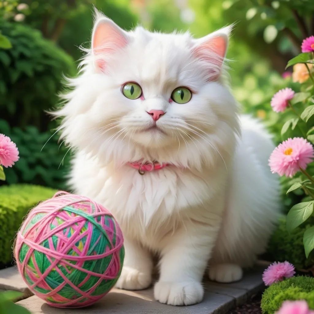 Prompt: Pixar style White fluffy kitty, (soft), green eyes, cartoon, (pink collar), playing with multi-color yarn ball, garden, cheerful atmosphere, bright natural lighting, lush greenery, colorful blossoms, whimsical setting