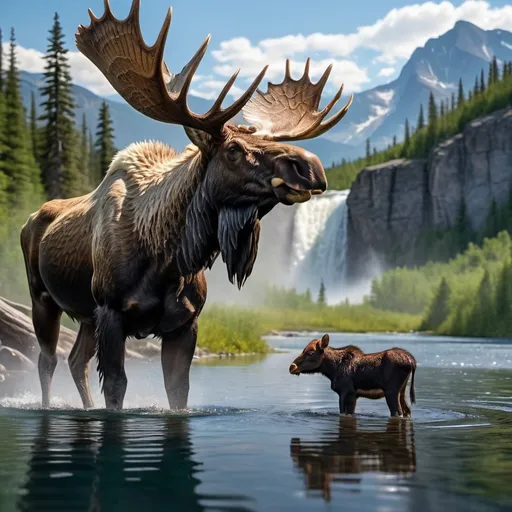 Prompt: Bull moose watches cow with baby drinking from crystal clear basin of tall waterfall, surrounded by majestic mountains, bald eagle soaring above, vibrant and dramatic colors, mesmerizing and serene atmosphere, lush greenery, detailed background with cascading water and mist, stunning reflections, high-definition, ultra-detailed, cinematic masterpiece, crisp and clear lighting