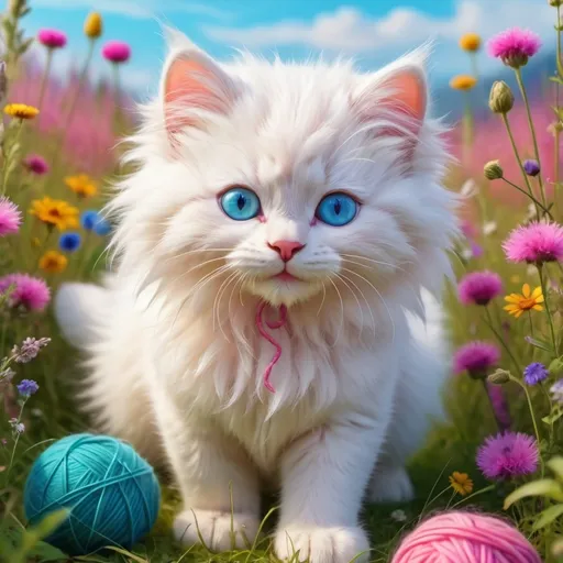 Prompt: (White fluffy fur kitty with blue eyes), cartoon style, dressed in pink, playing with multi colorful yarn ball, meadow of wild flowers, vibrant colors, warm lighting, cheerful atmosphere, detailed background with a variety of wildflowers, ultra-detailed, immaculate fur texture, 4K quality, dynamic and playful scenery.