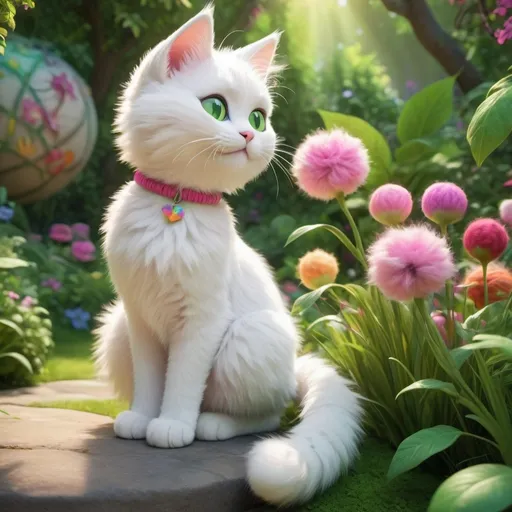 Prompt: Pixar style cartoon White fluffy kitty, (soft), green eyes, (collar pink) multi-color yarn ball, tinkerbell like fairy, garden, cheerful atmosphere, bright natural lighting, lush greenery, colorful blossoms, whimsical setting